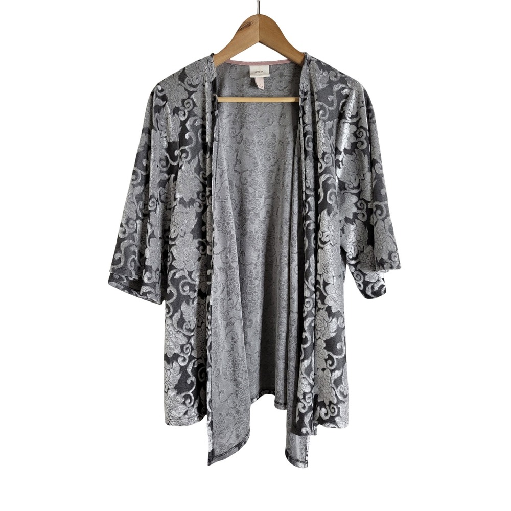 Knox Rose Silver Grey Floral Burnout Velvet Open Front Cardigan Kimono L